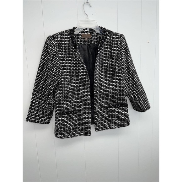 Fenn Wright Manson Womens Tweed Blazer Size Medium Open Black White Sequins Bead - Picture 1 of 10